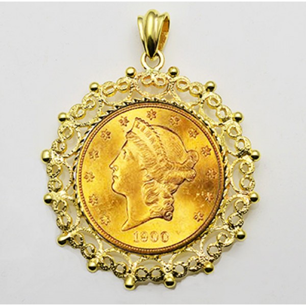 14KT GOLD ORNATE PENDANT to fit U.S. $20 Gold Coin (coin excluded)
